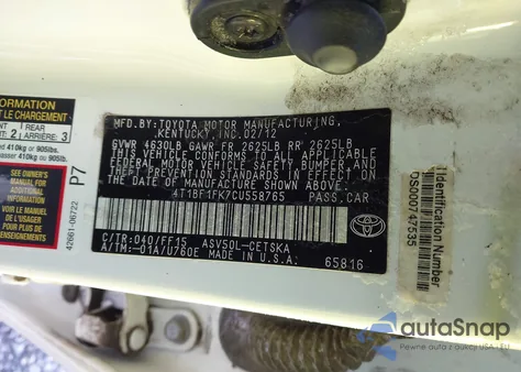 2012 Toyota Camry Se z USA, uszkodzony, nr VIN 4T1BF1FK7CU558765